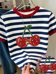 Women's Colorblock Striped Cherry Print Round Neck Short Sleeve T-Shirt