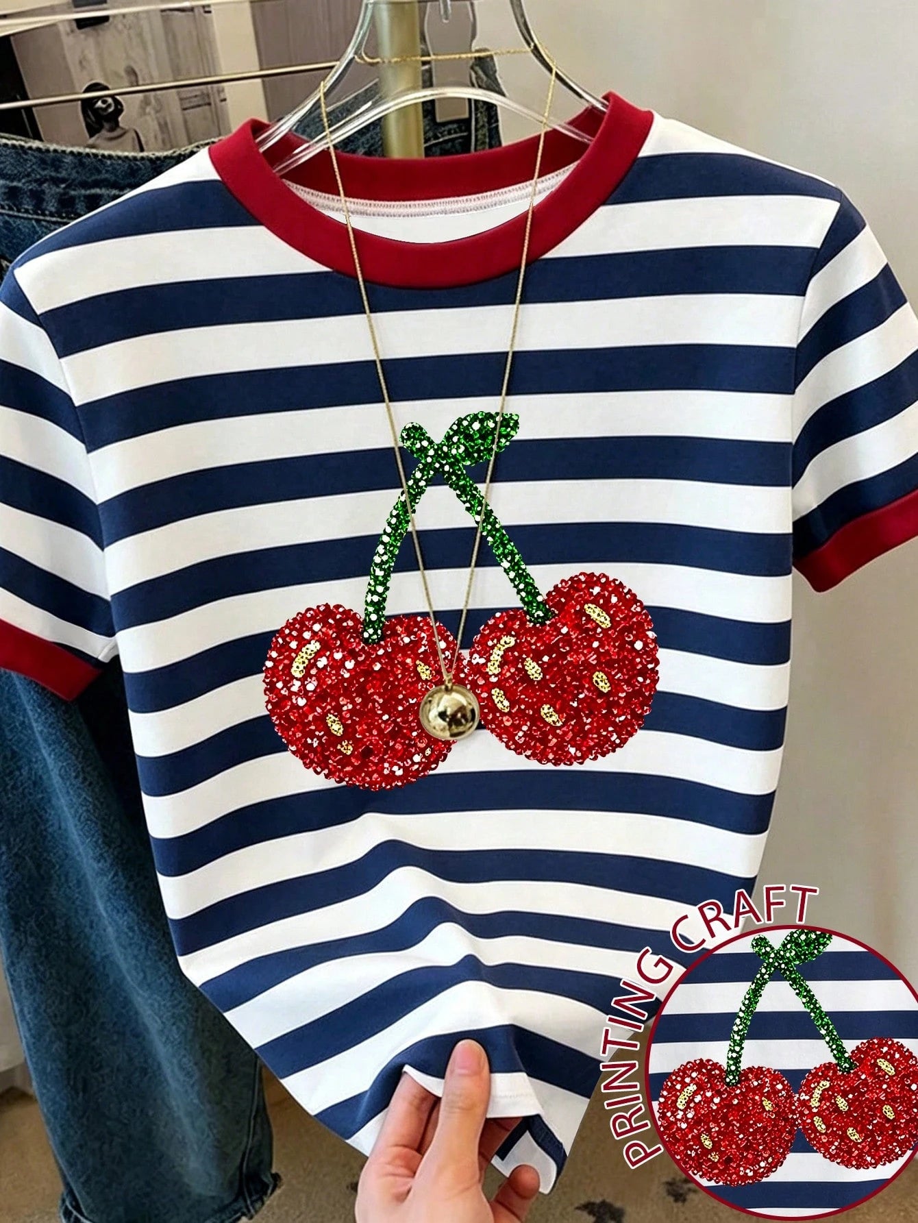 Women's Colorblock Striped Cherry Print Round Neck Short Sleeve T-Shirt