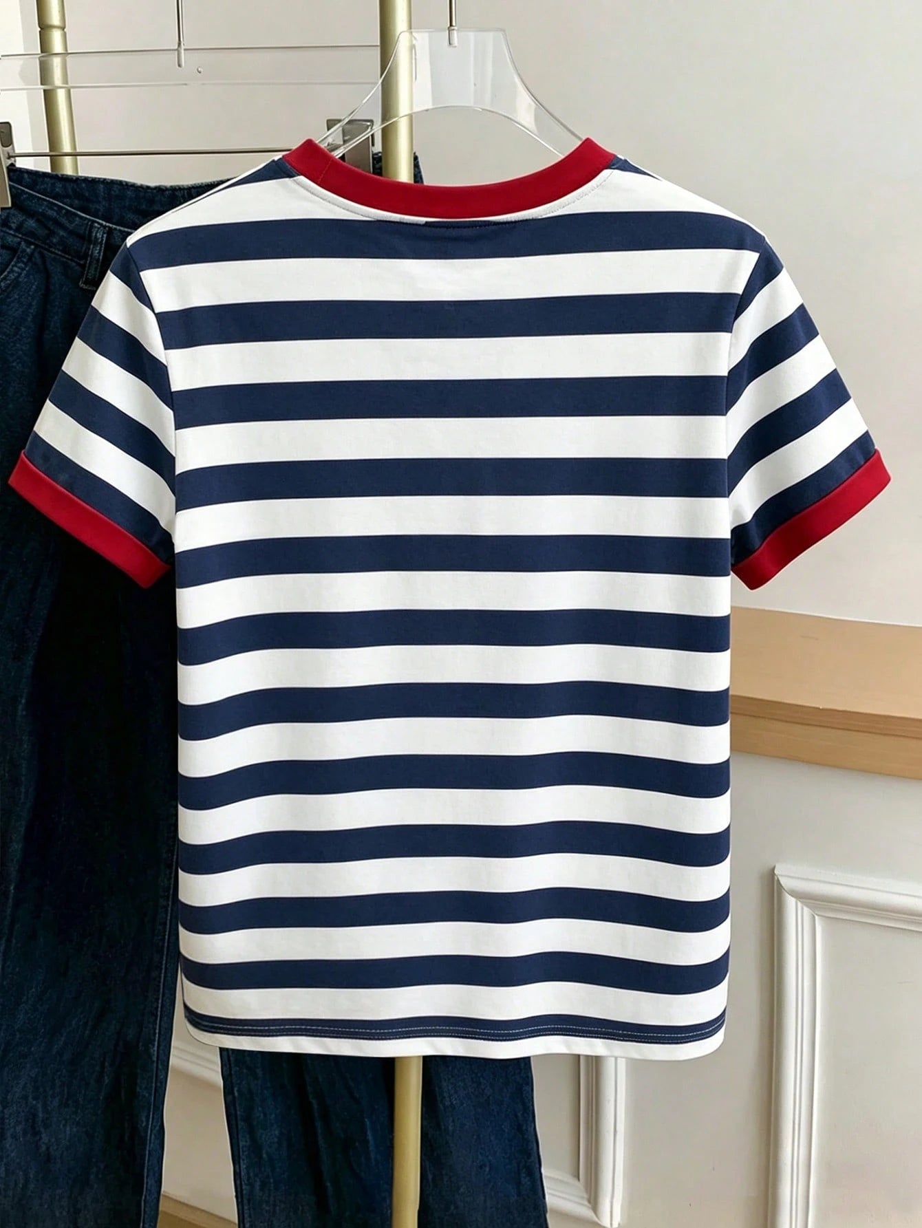 Women's Colorblock Striped Cherry Print Round Neck Short Sleeve T-Shirt