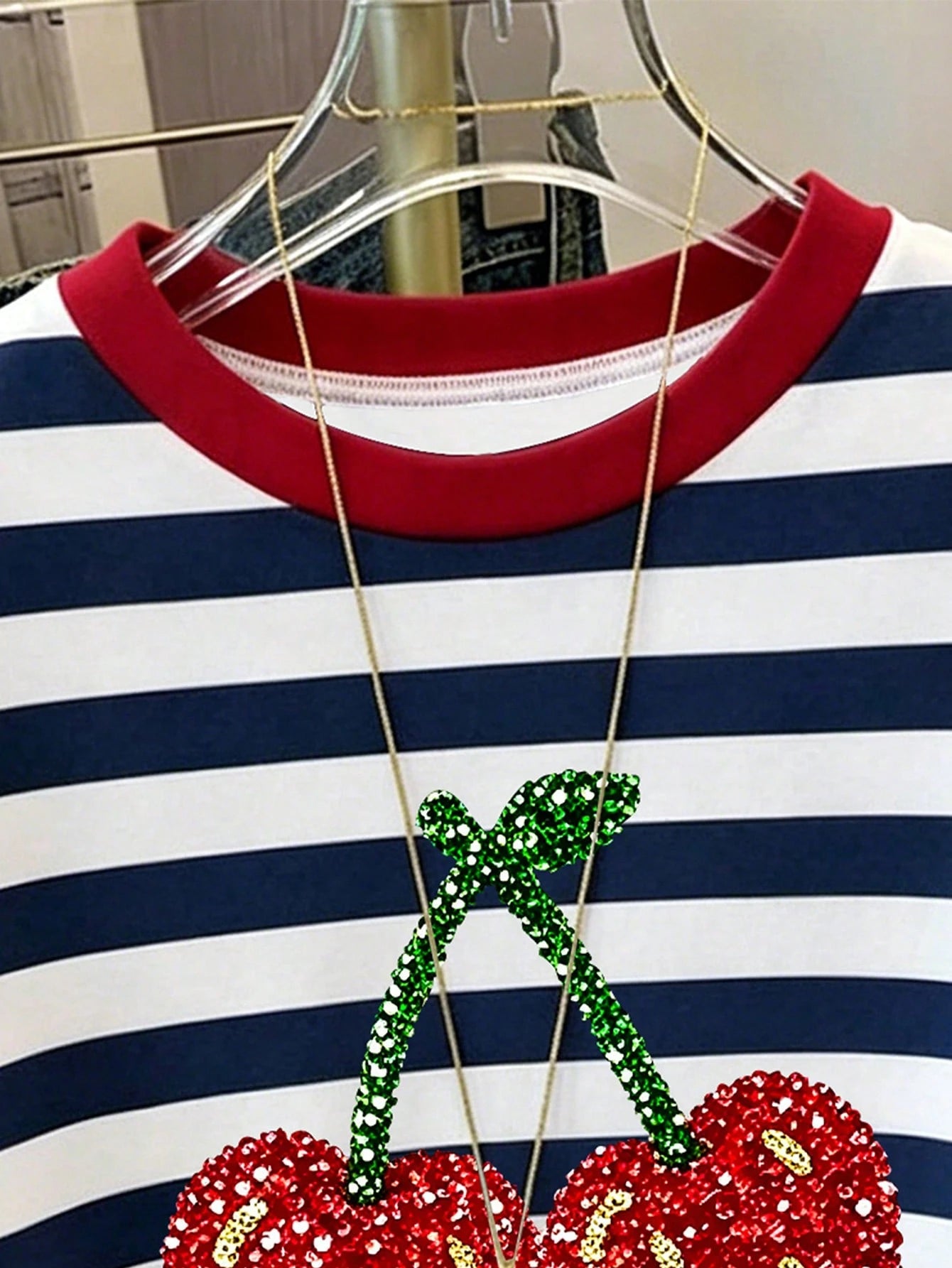 Women's Colorblock Striped Cherry Print Round Neck Short Sleeve T-Shirt