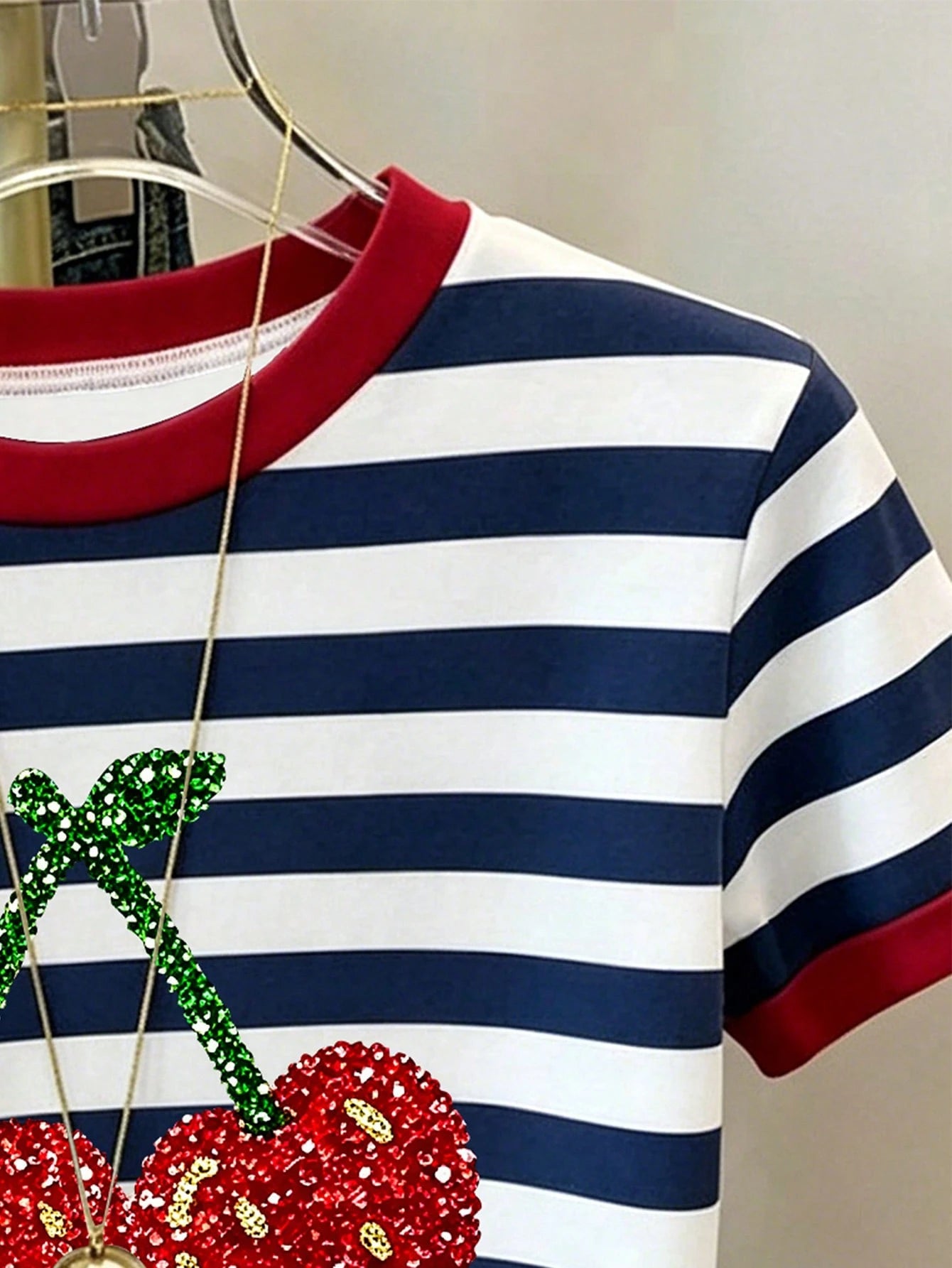 Women's Colorblock Striped Cherry Print Round Neck Short Sleeve T-Shirt