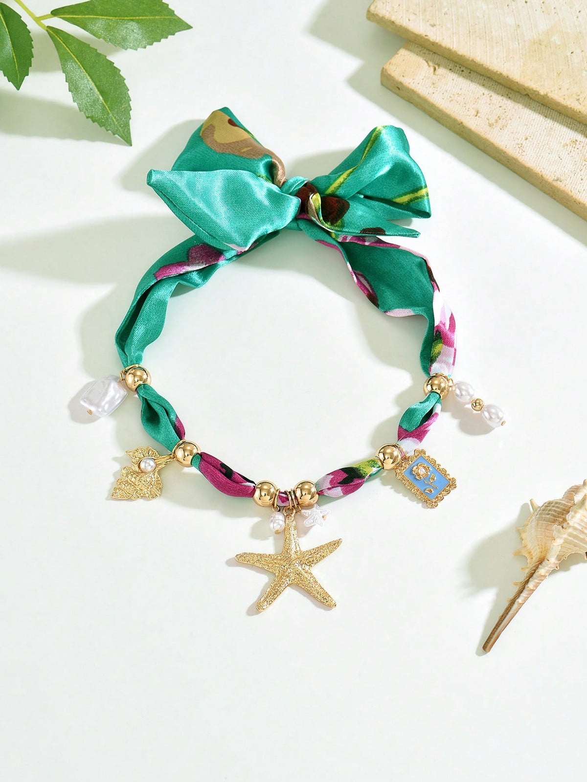 Women's Bohemian Starfish Shell Flower Silk Scarf Bow Choker Necklace