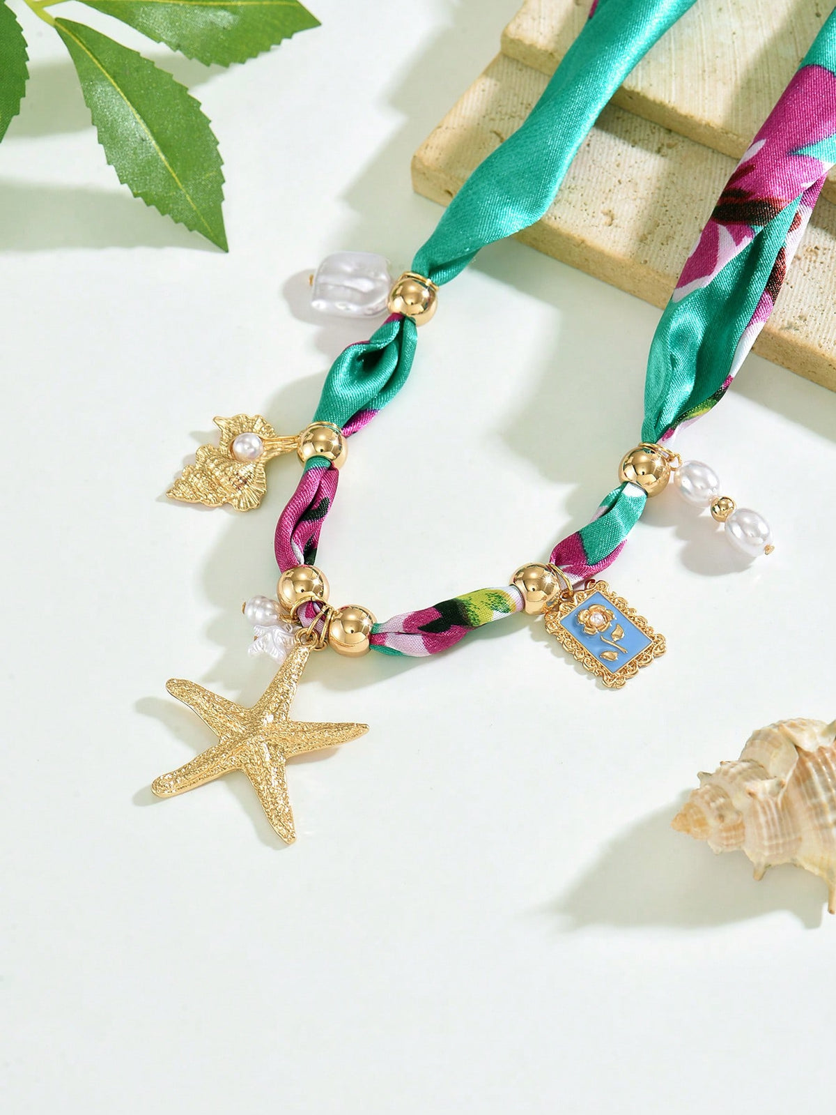 Women's Bohemian Starfish Shell Flower Silk Scarf Bow Choker Necklace