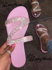 Women's Sparkly Rhinestone Z Strap Slip-On Flat Slide Sandals
