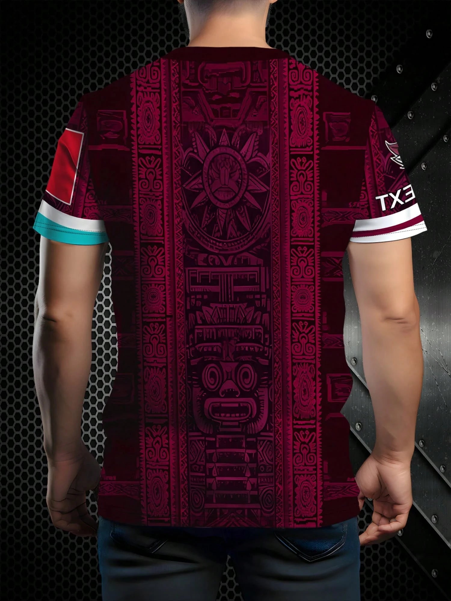Men's Mexico Soccer Mayan Print Crew Neck Short Sleeve Jersey Top