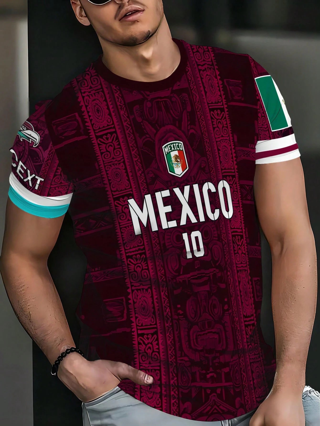 Men's Mexico Soccer Mayan Print Crew Neck Short Sleeve Jersey Top