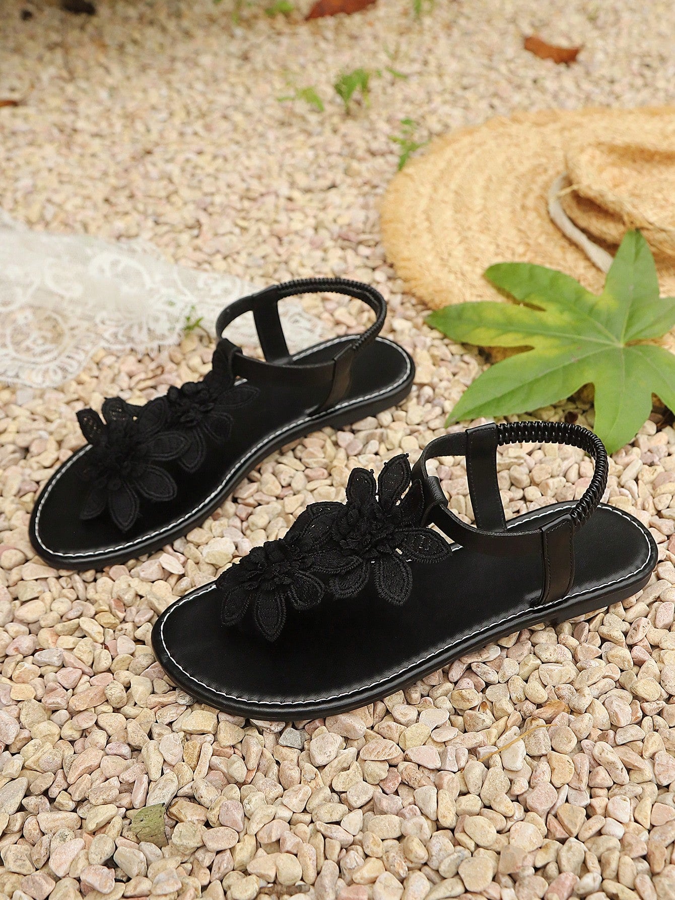 Women's Floral Elastic Ankle Strap Flat Vacation Sandals