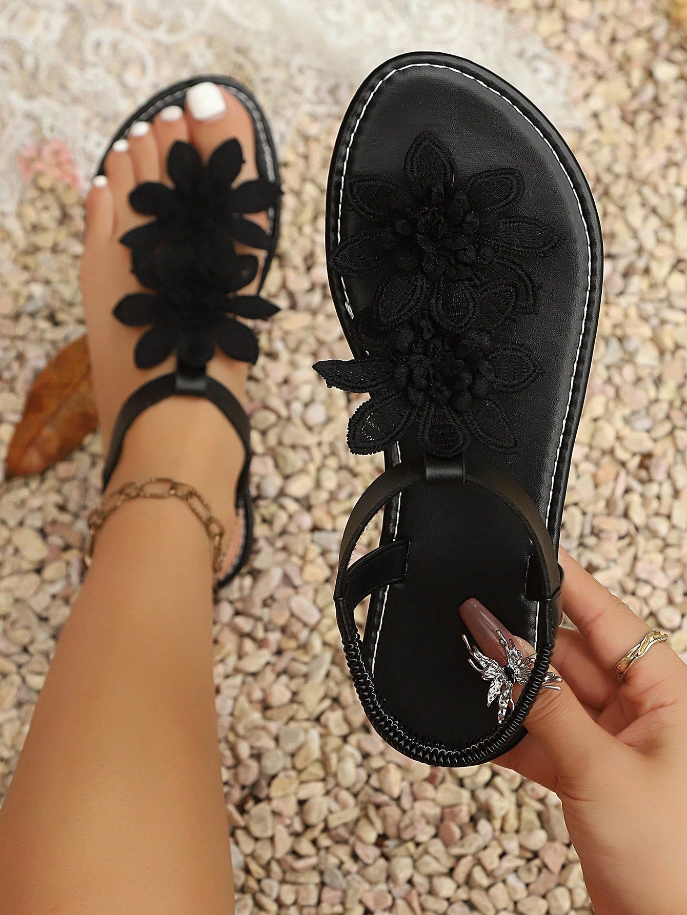 Women's Floral Elastic Ankle Strap Flat Vacation Sandals