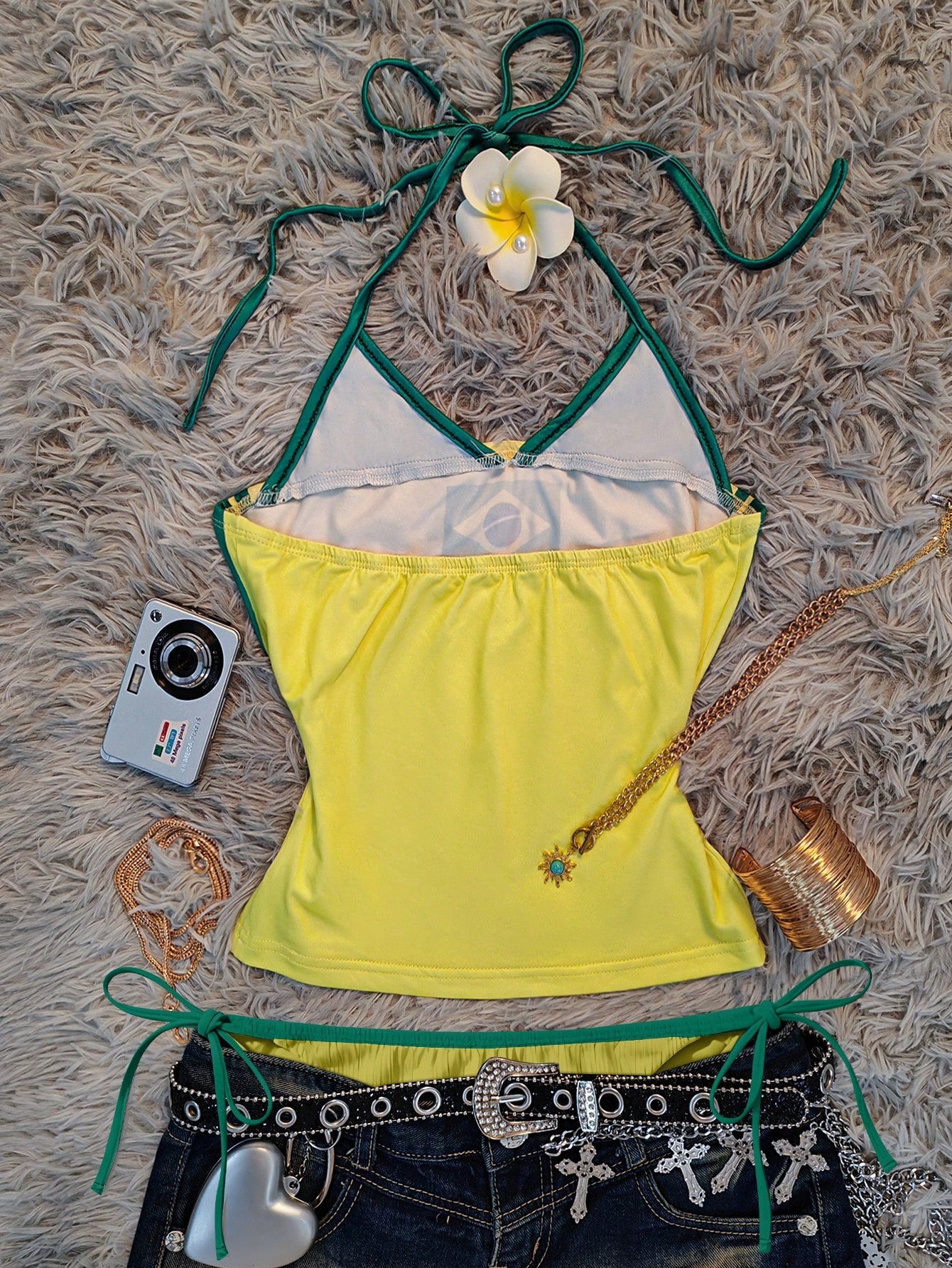 IslaSuriya Y2k Sporty Women's Backless Tank Top Yellow Contrasting Print