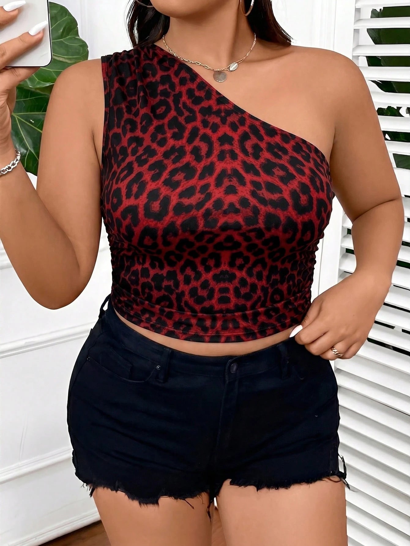 Women's Plus Size Casual Ruched One Shoulder Sleeveless Crop Top