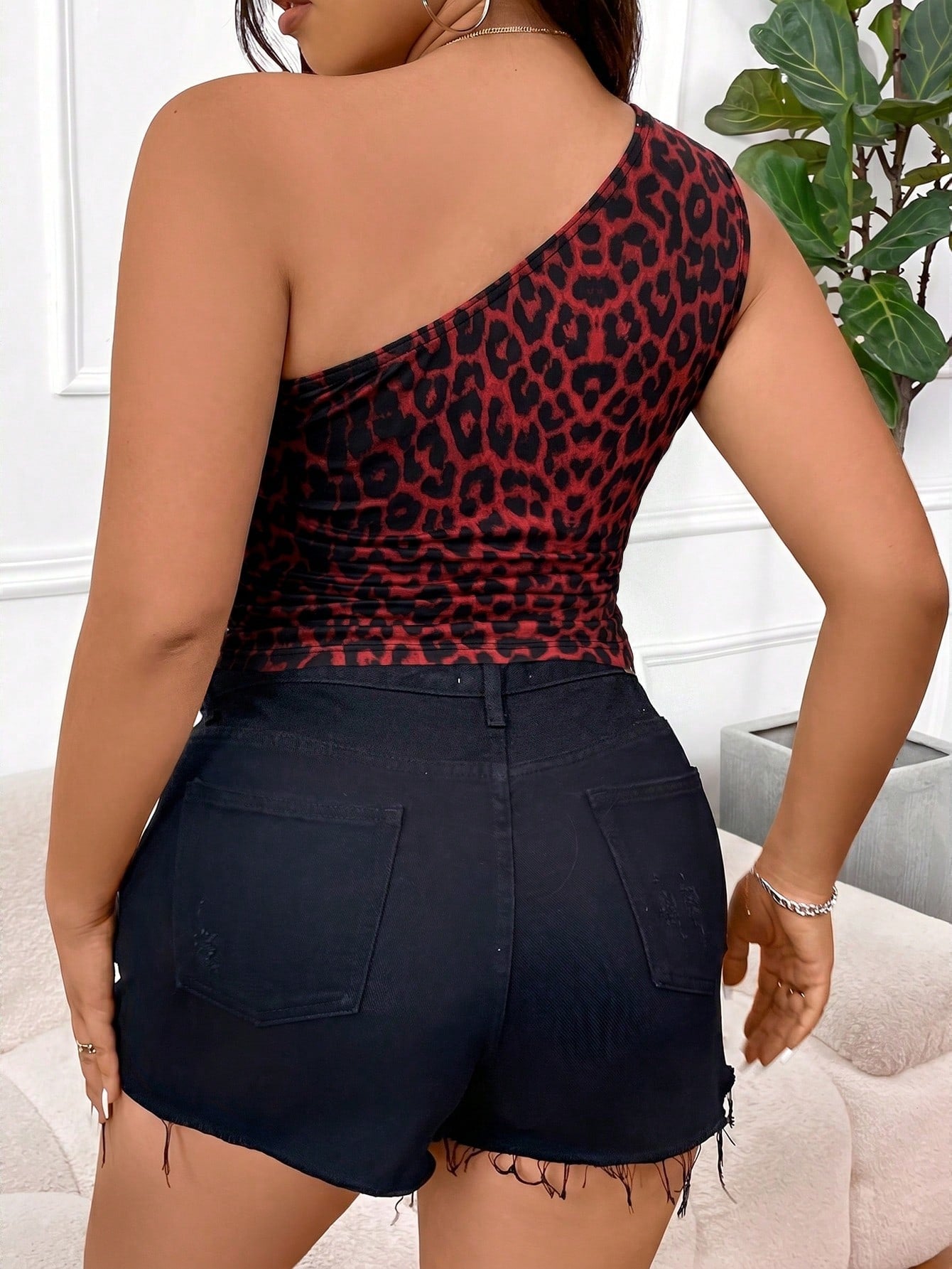 Women's Plus Size Casual Ruched One Shoulder Sleeveless Crop Top