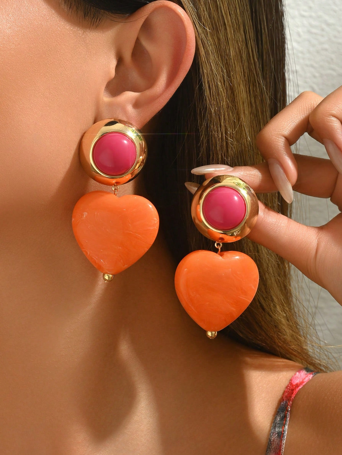 Women's Elegant Orange & Red Plastic Large Heart Earrings