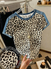 Resyla Women's Regular Fit Leopard Print Round Neck Short Sleeve T-Shirt