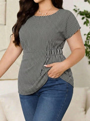 Women's Plus Size Striped Round Neck Short Sleeve Peplum Top