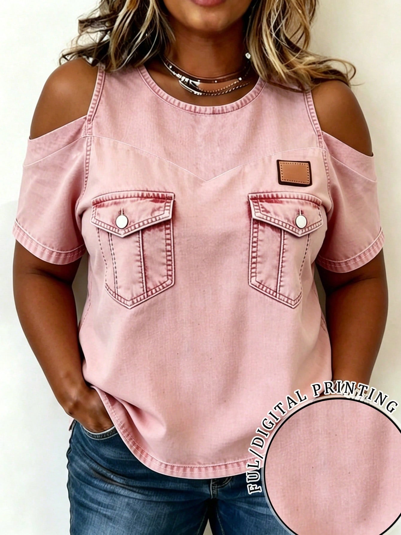 EMERY ROSE Women's Plus Size Off-Shoulder Round Neck Top Pink