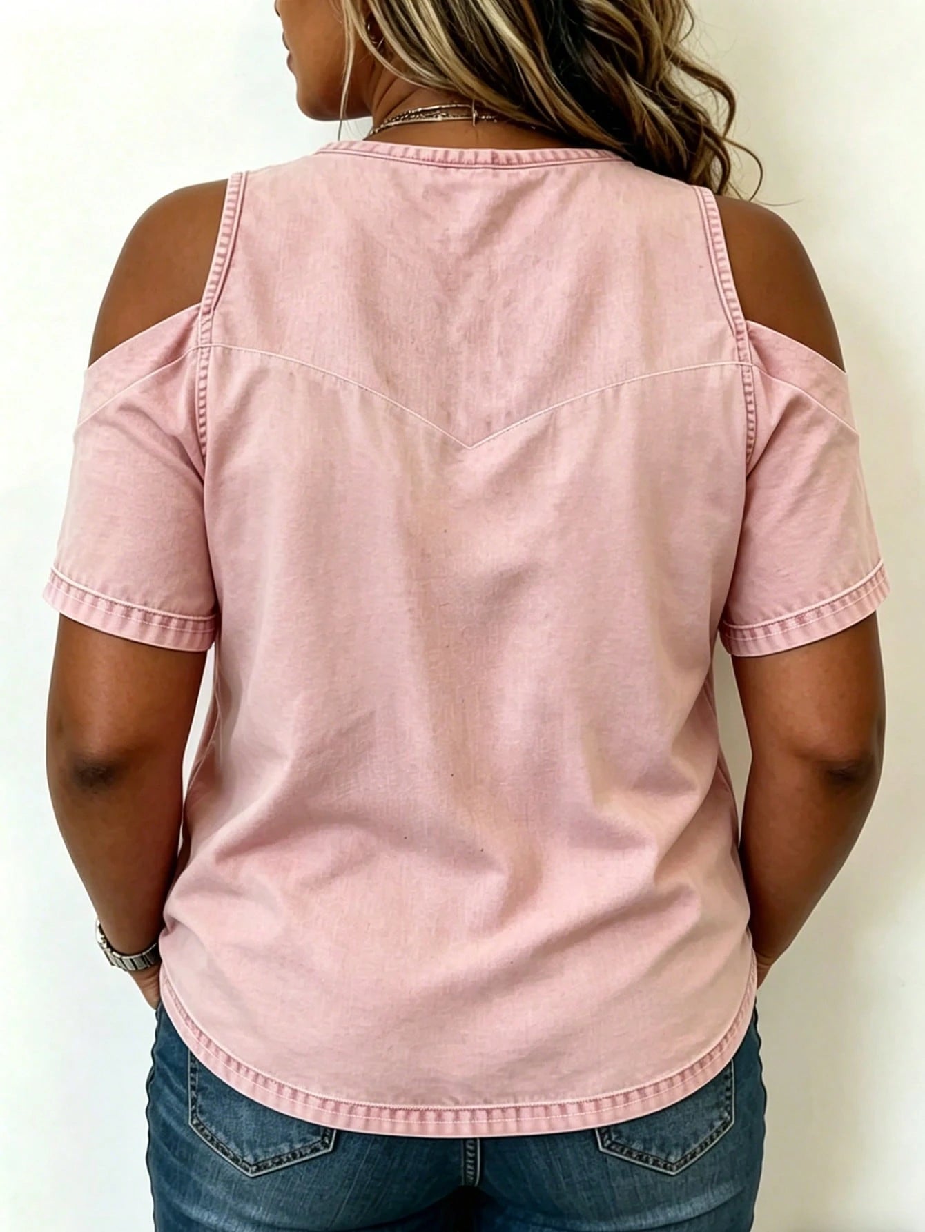 EMERY ROSE Women's Plus Size Off-Shoulder Round Neck Top Pink