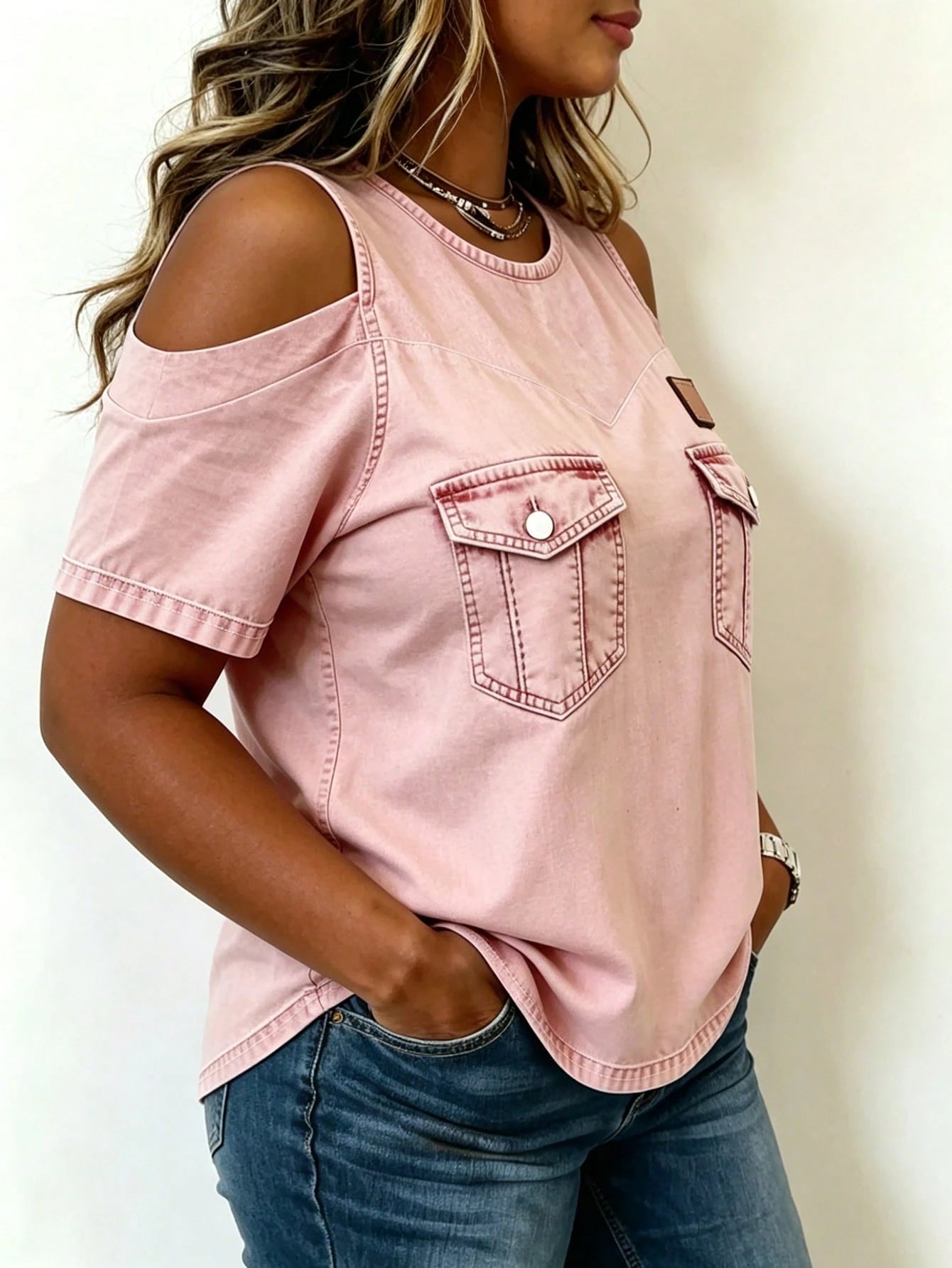 EMERY ROSE Women's Plus Size Off-Shoulder Round Neck Top Pink