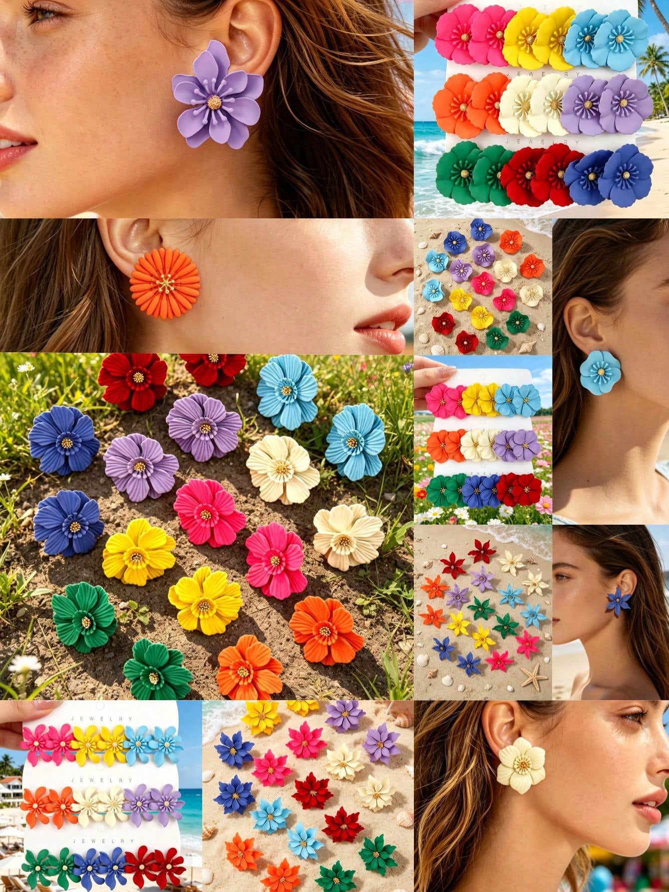 Women's Bohemian Colorful Metal Flower Stud Earring Set Multicolor