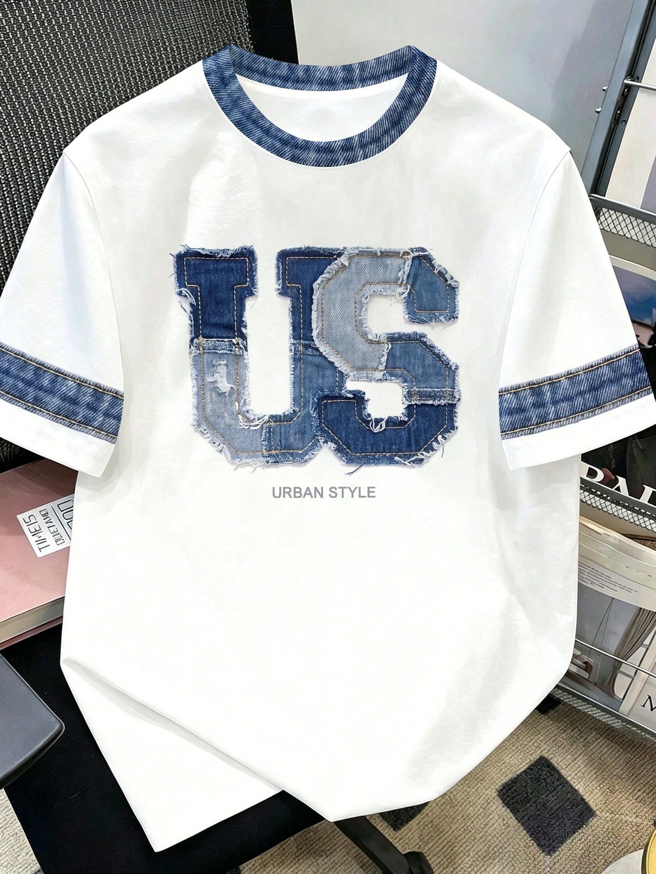 Manfinity Joysei Men's Faux Denim Letter Print Short Sleeve T-Shirt White