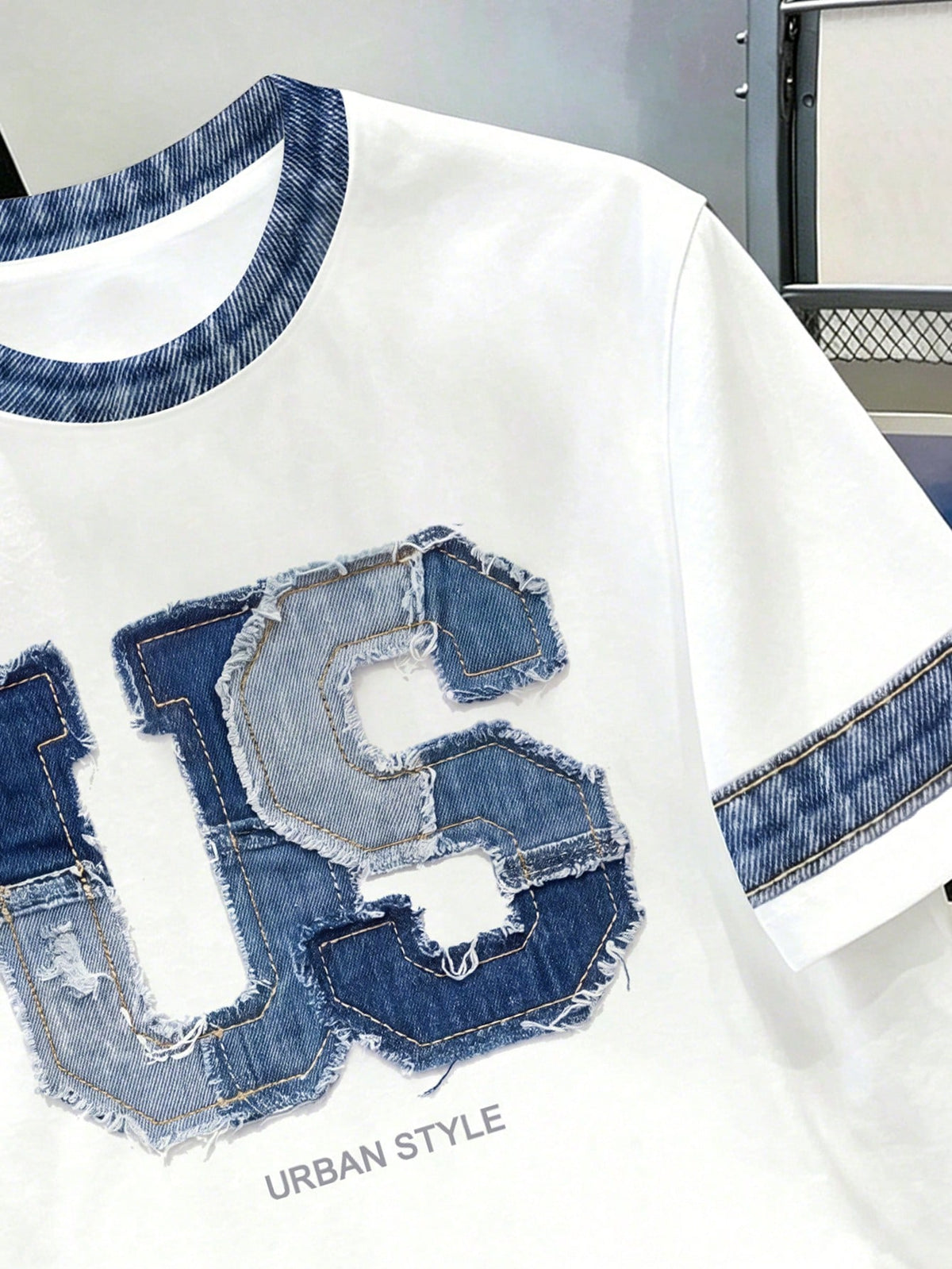 Manfinity Joysei Men's Faux Denim Letter Print Short Sleeve T-Shirt White
