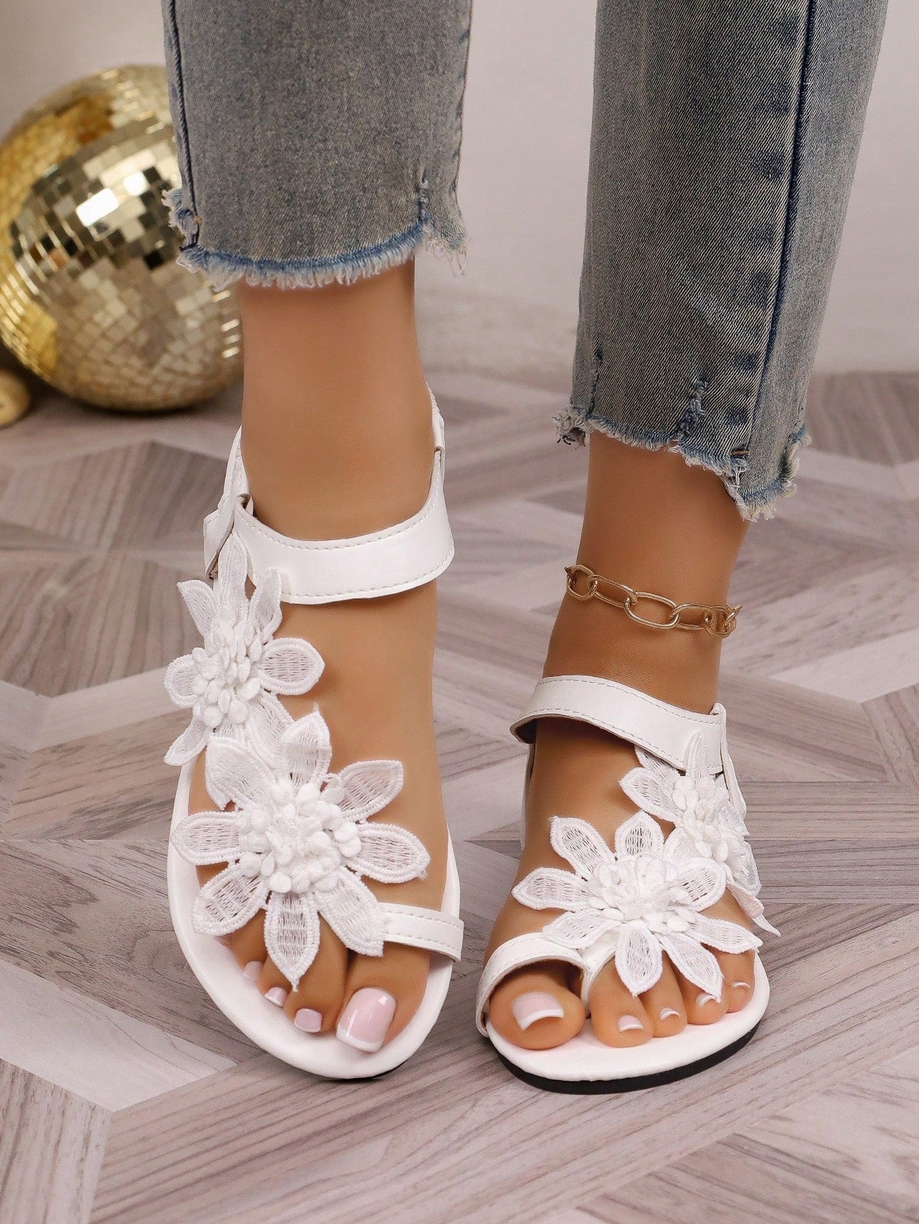 Women's Lace Flower Decor Elastic Back Strap Flat Sweet Sandals