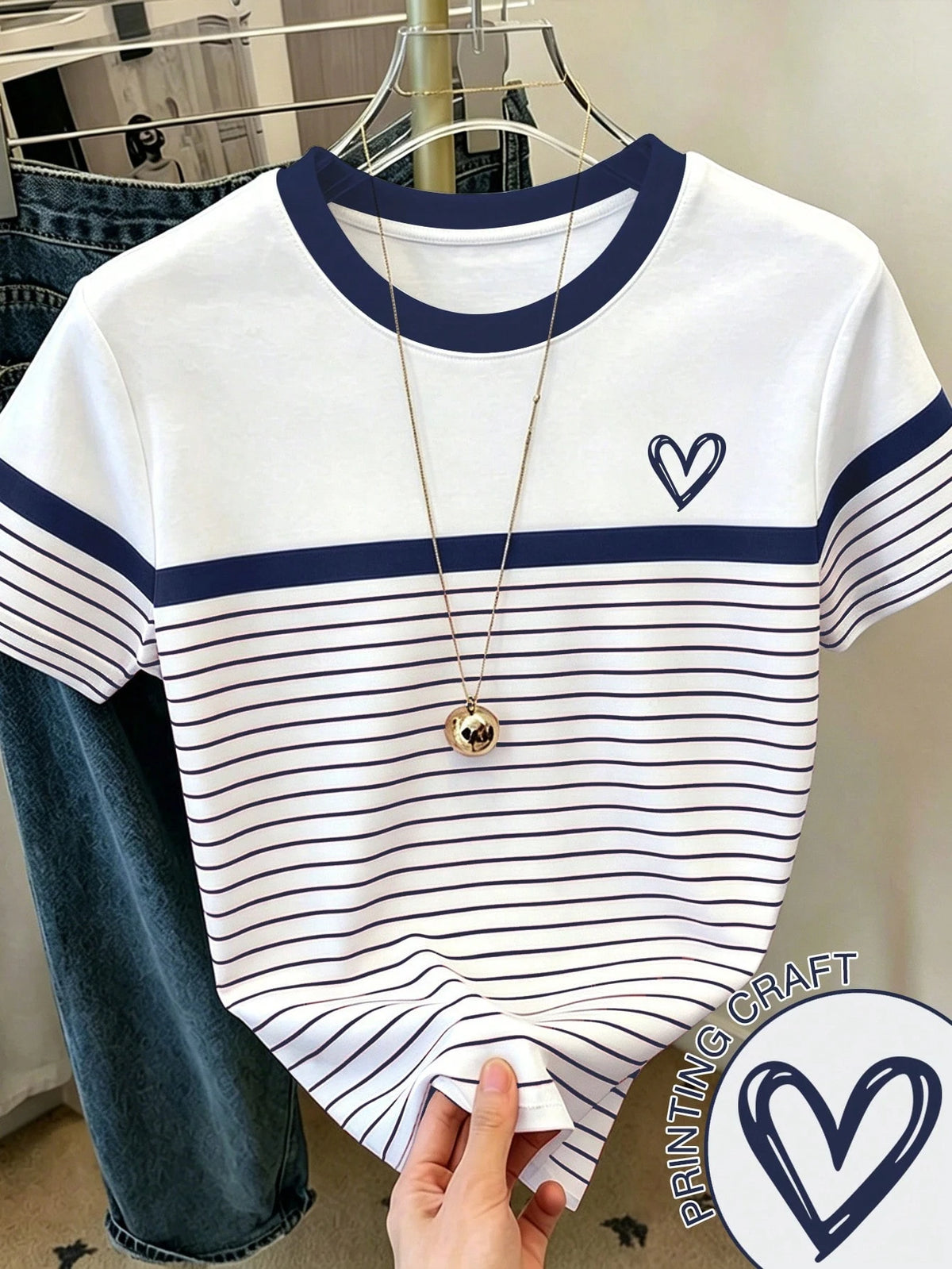 Women's Color Block Striped Heart Print Round Neck Short Sleeve T-Shirt