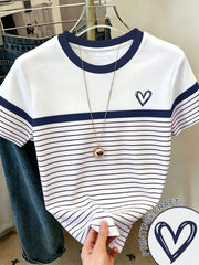 Women's Color Block Striped Heart Print Round Neck Short Sleeve T-Shirt