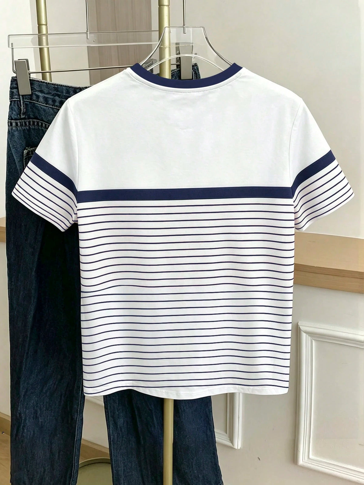 Women's Color Block Striped Heart Print Round Neck Short Sleeve T-Shirt