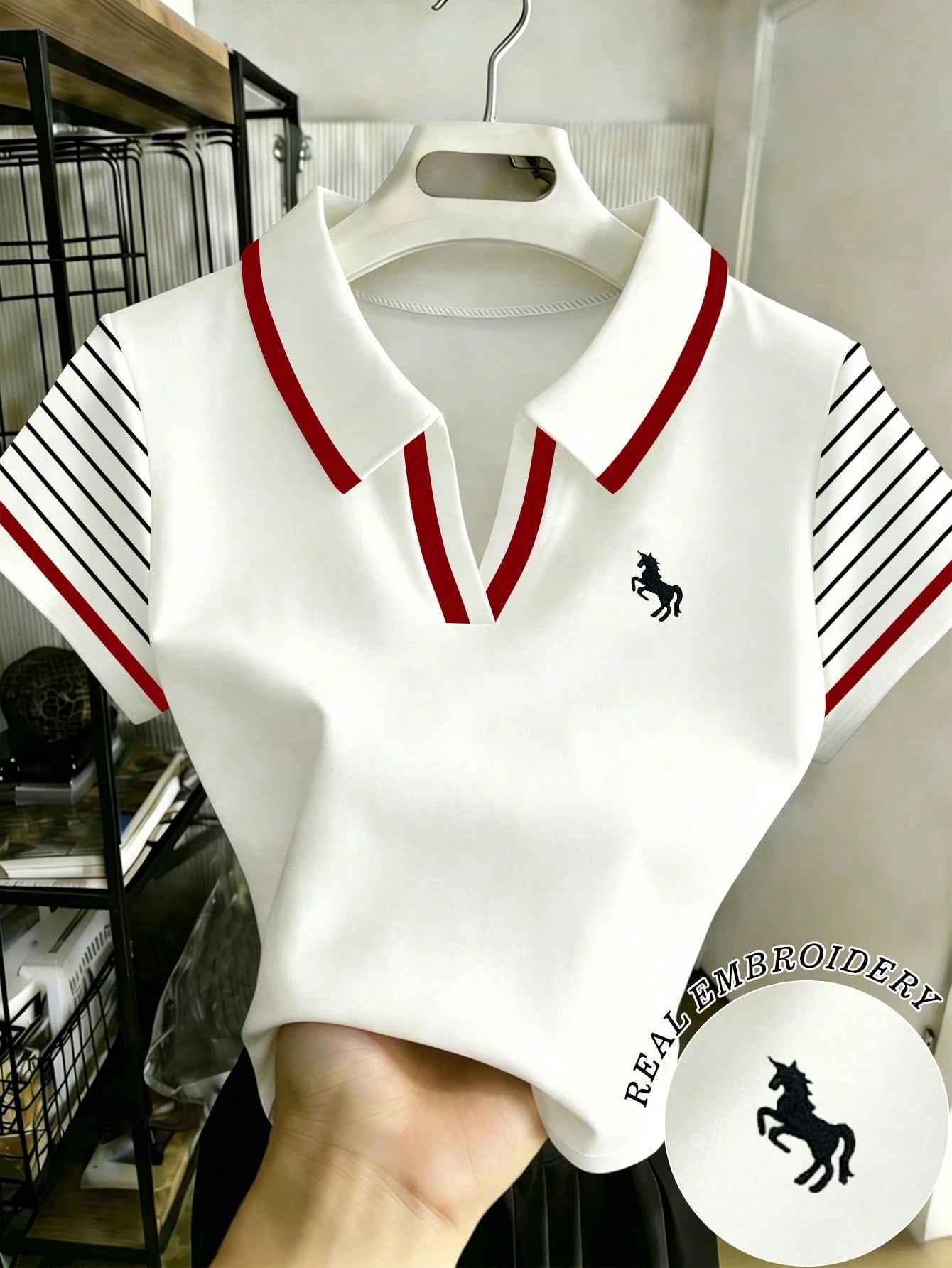 Women's Striped Unicorn Embroidery Polo Neck Casual Short Sleeve T-Shirt