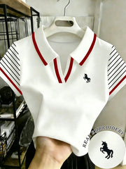 Women's Striped Unicorn Embroidery Polo Neck Casual Short Sleeve T-Shirt