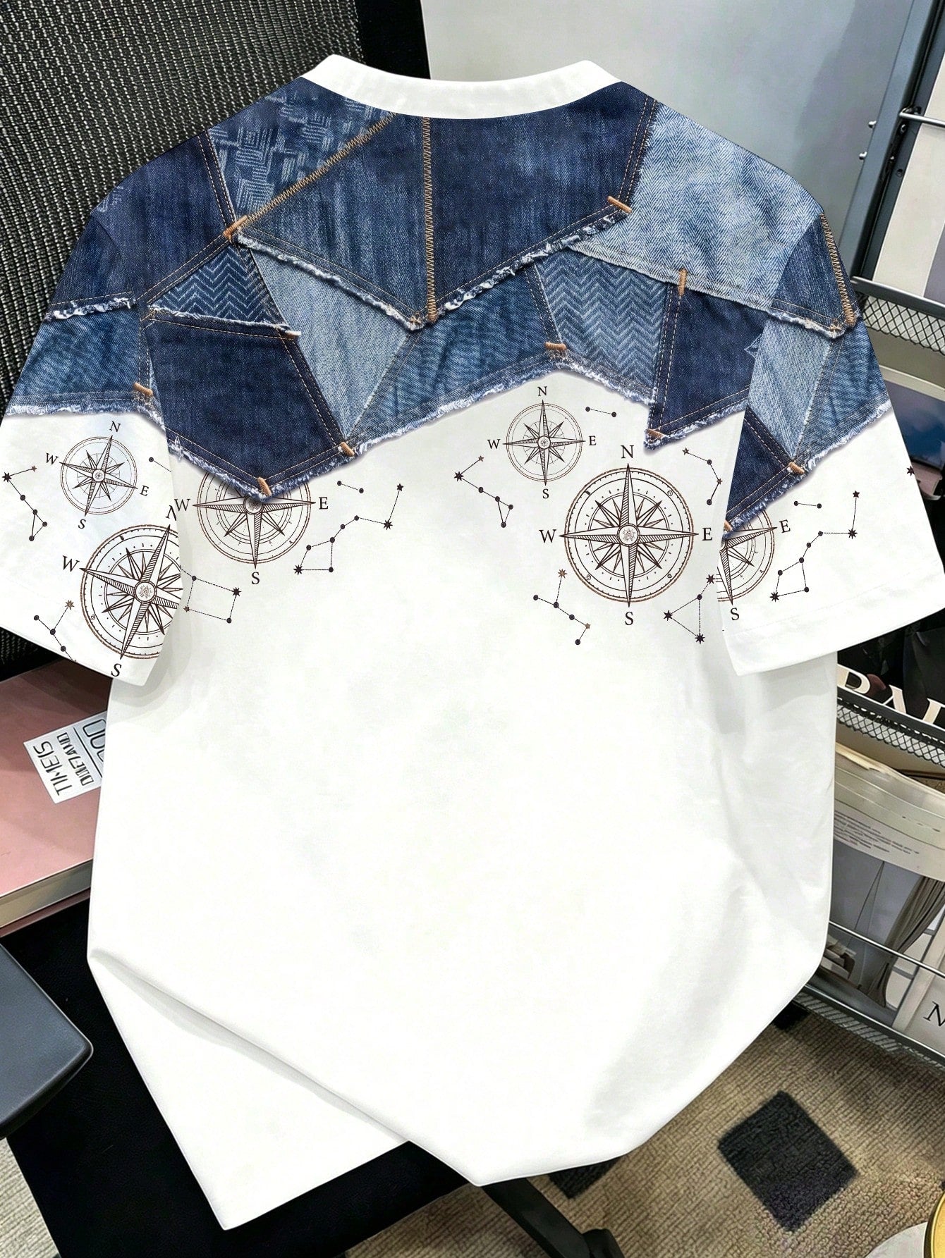 Manfinity Joysei Men's Faux Denim Patchwork Compass Print T-Shirt Blue