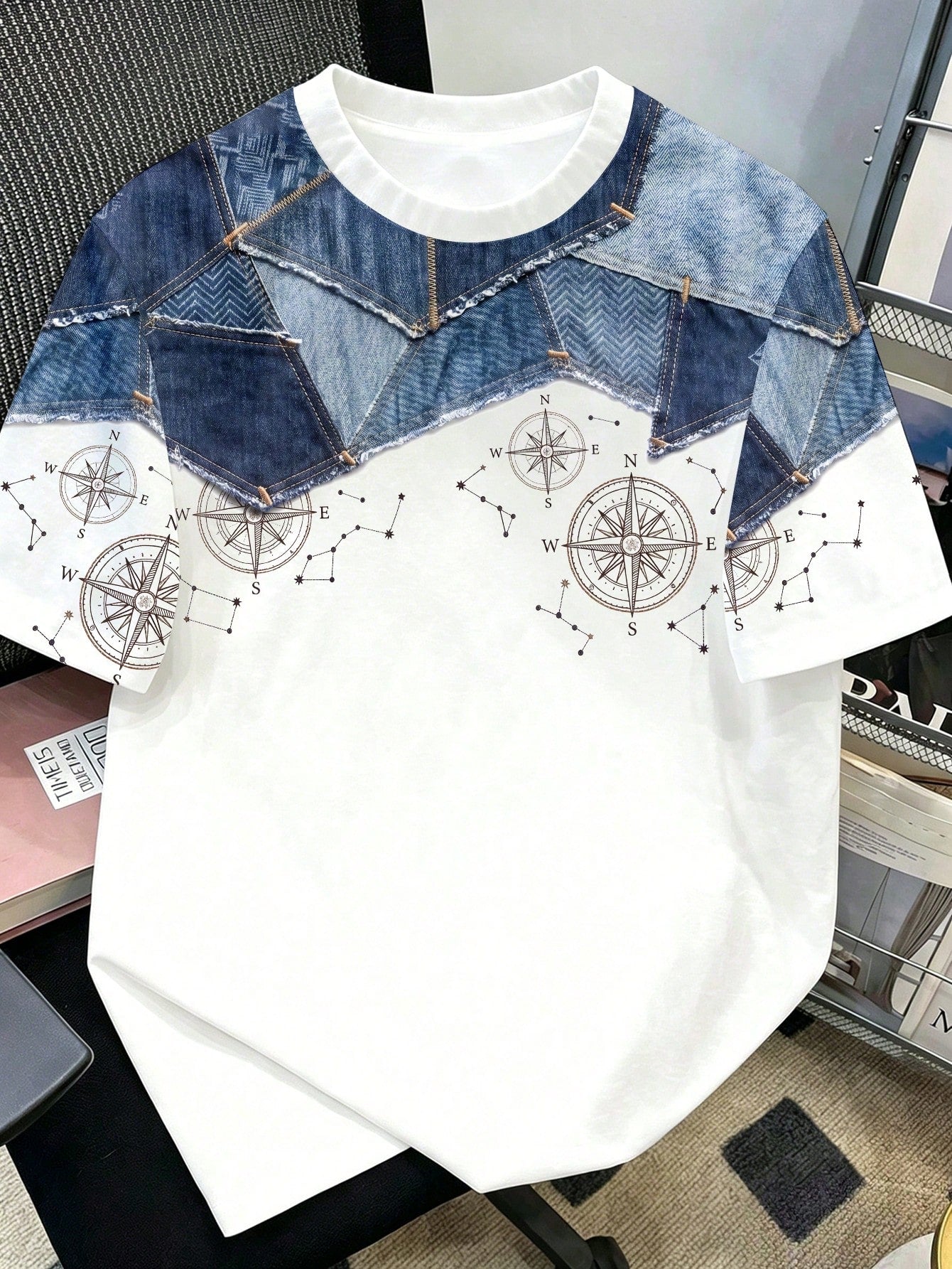 Manfinity Joysei Men's Faux Denim Patchwork Compass Print T-Shirt Blue