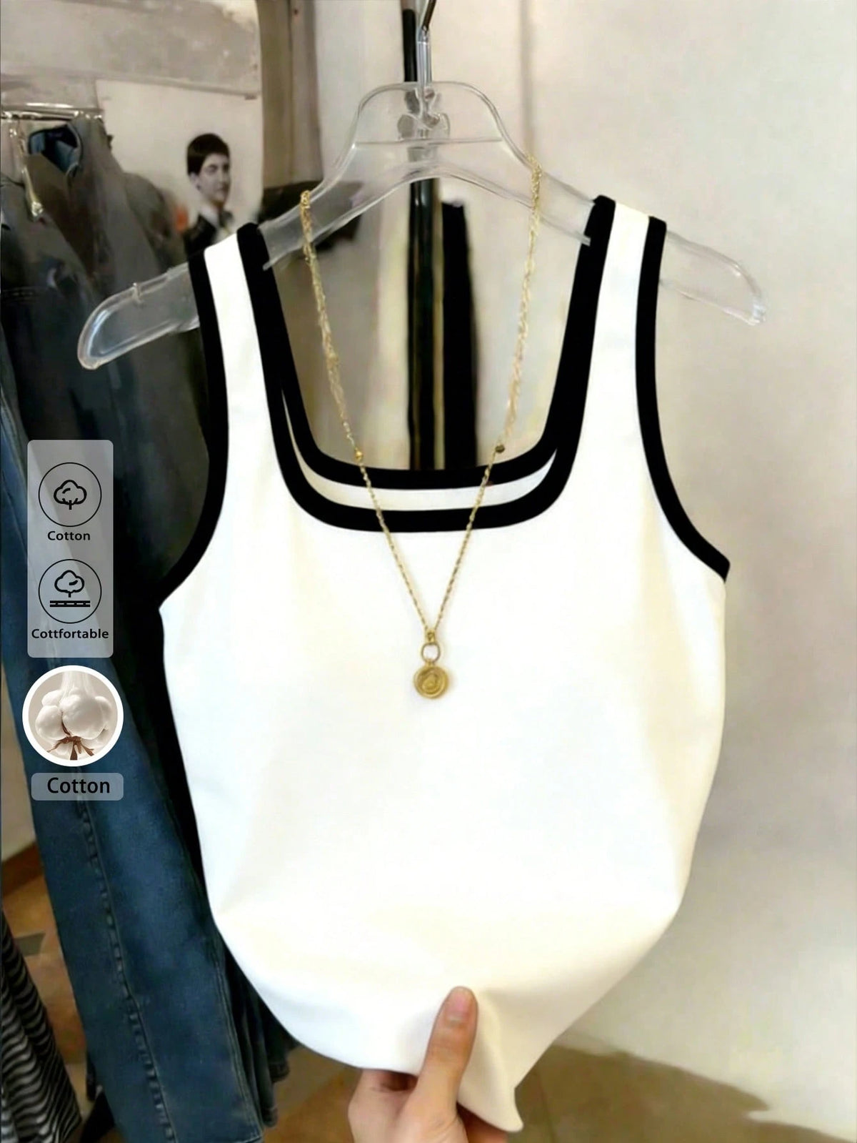 Women's Slim Fit Contrast Binding Square Neck Crop Tank Top