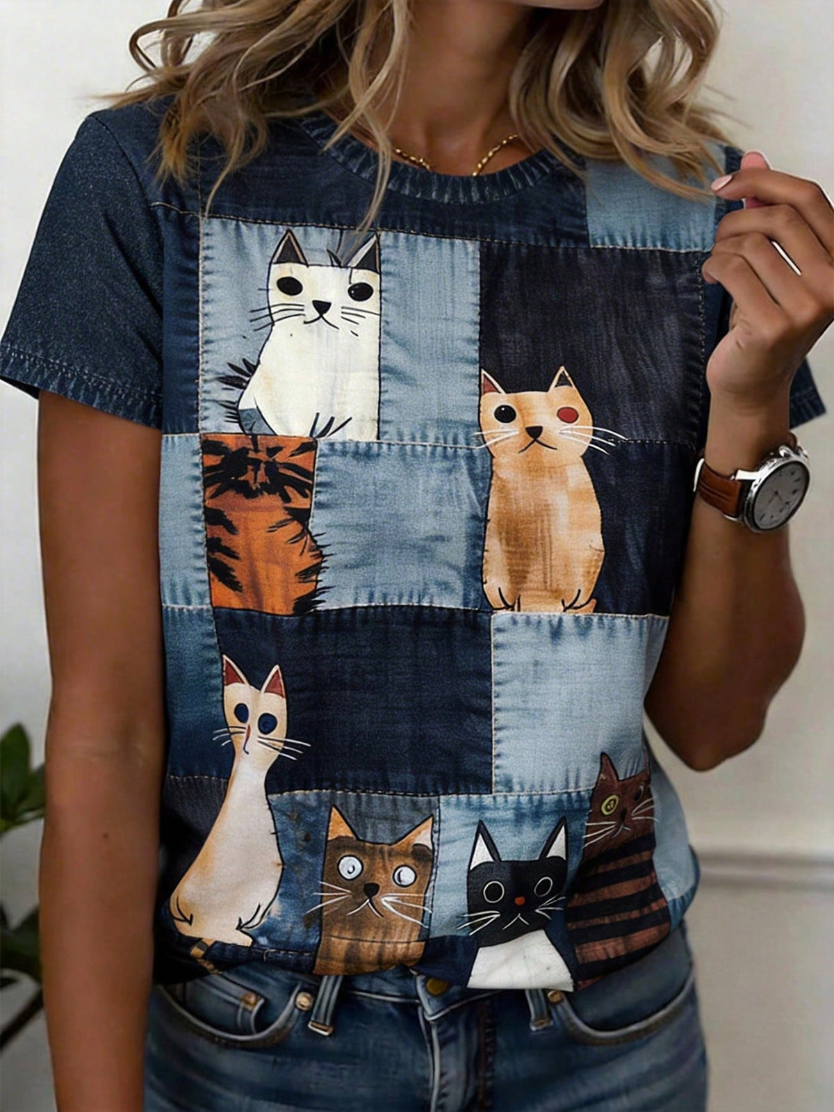 Women's Cat Print Round Neck Short Sleeve T-Shirt