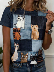 Women's Cat Print Round Neck Short Sleeve T-Shirt