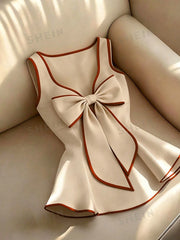 Women's Colorblock Trim Bow Decor Sleeveless Summer Top Khaki