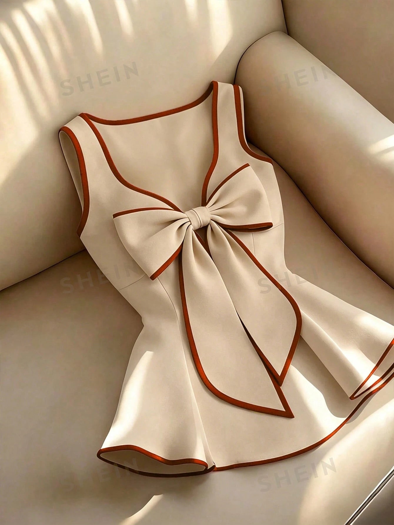 Women's Colorblock Trim Bow Decor Sleeveless Summer Top Khaki