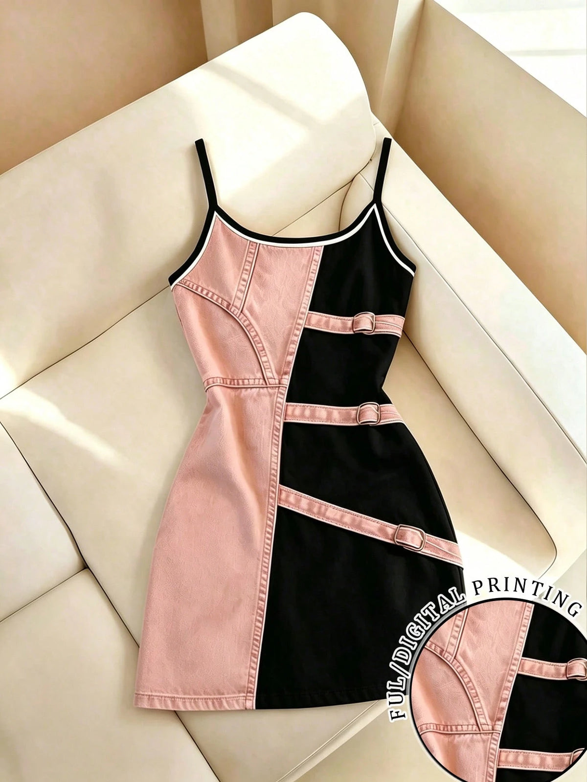 Women's Denim Effect Print Camisole Bodycon Mini Dress