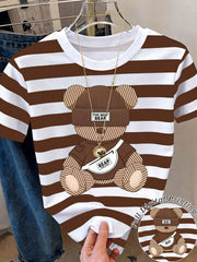 Women's Casual Striped Bear Print Round Neck Short Sleeve T-Shirt