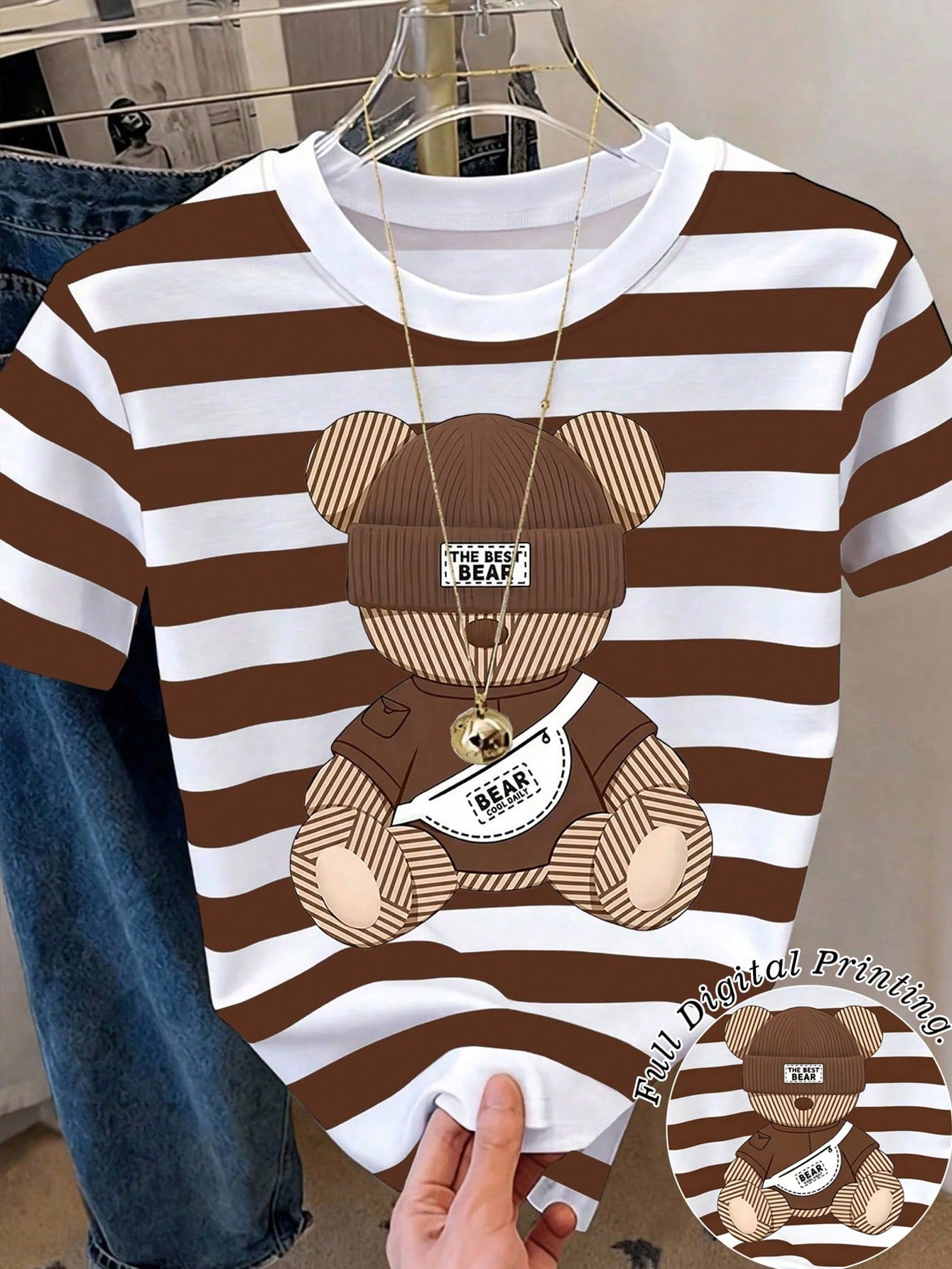 Women's Casual Striped Bear Print Round Neck Short Sleeve T-Shirt