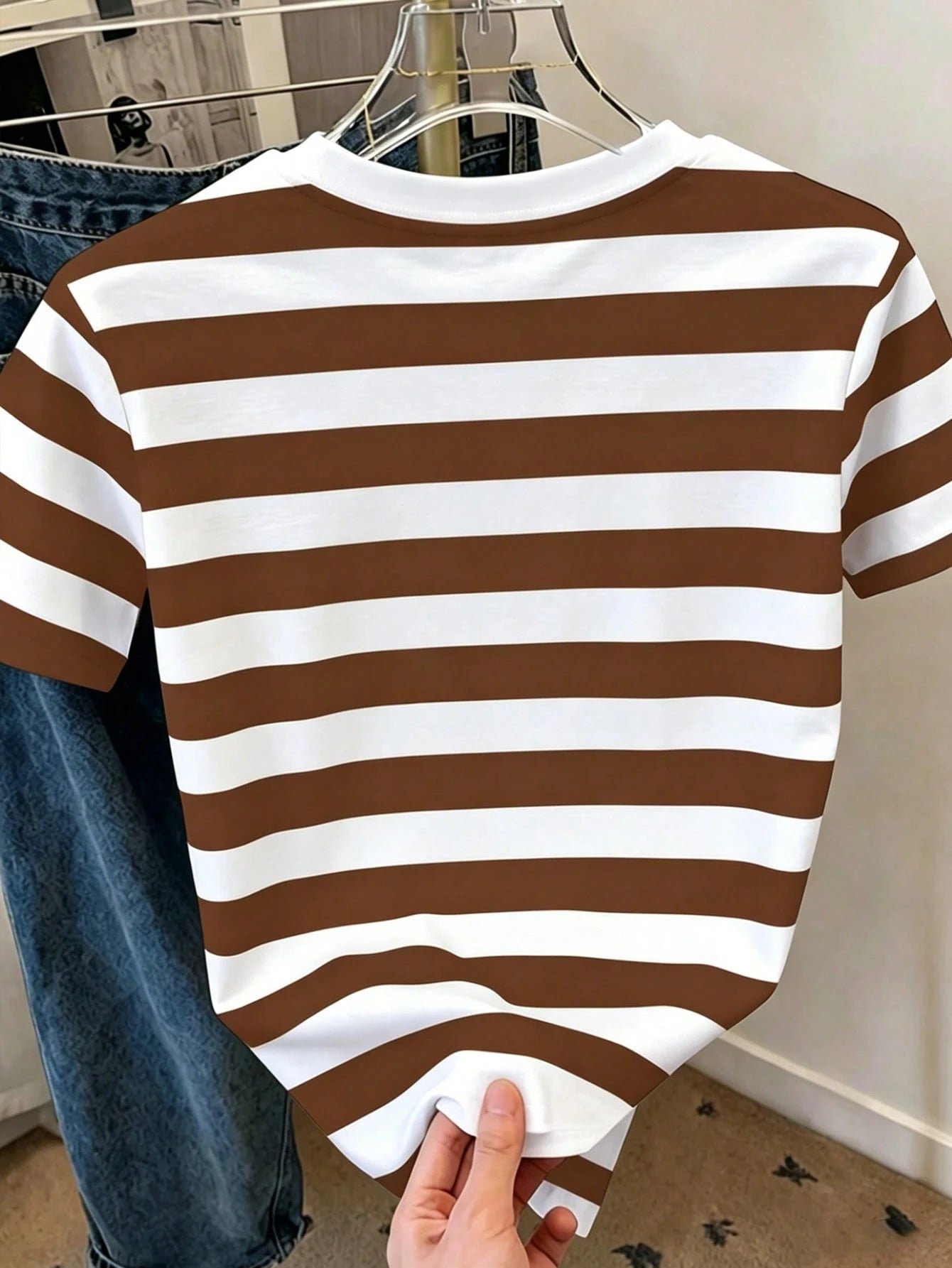 Women's Casual Striped Bear Print Round Neck Short Sleeve T-Shirt