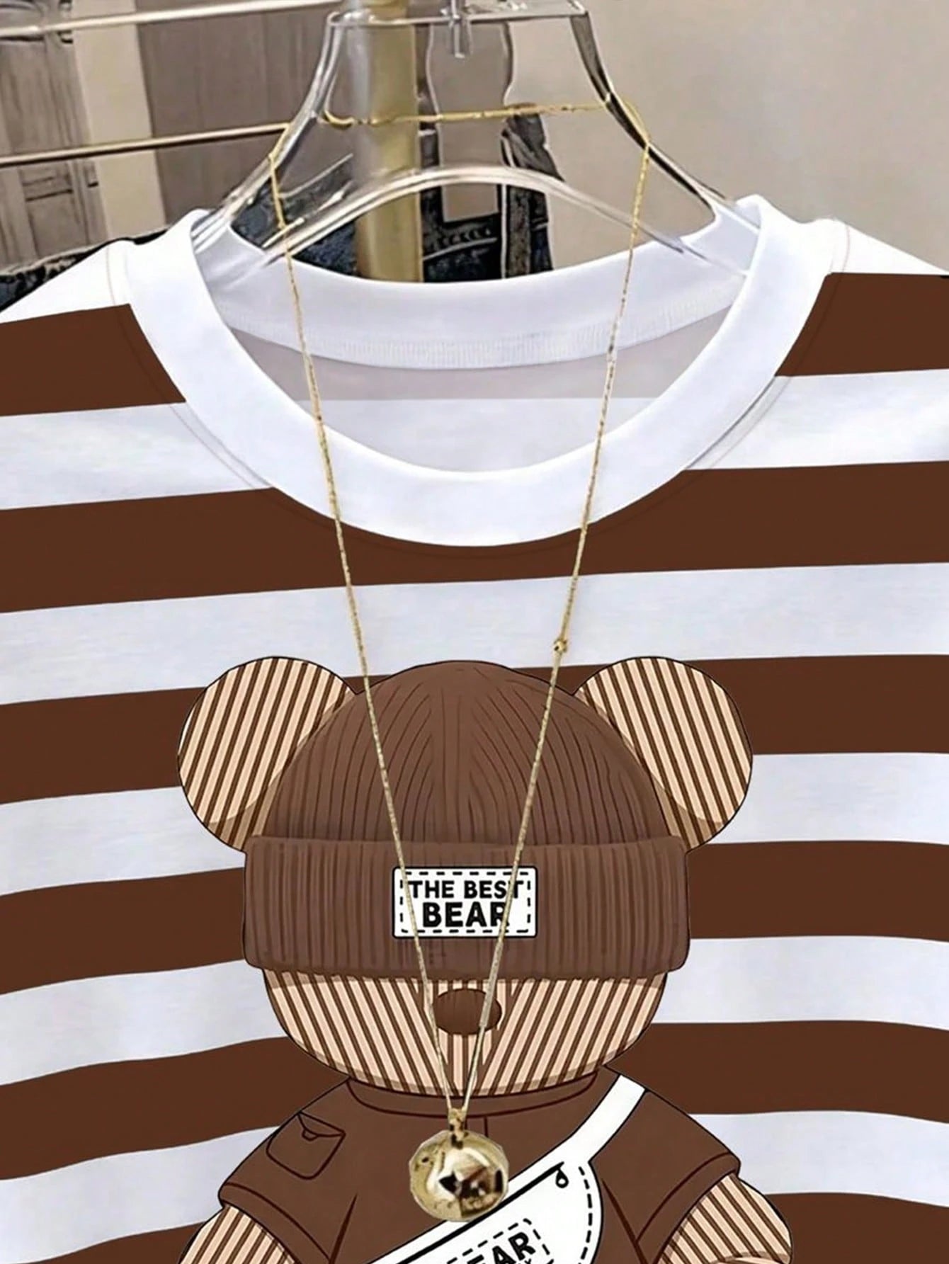 Women's Casual Striped Bear Print Round Neck Short Sleeve T-Shirt