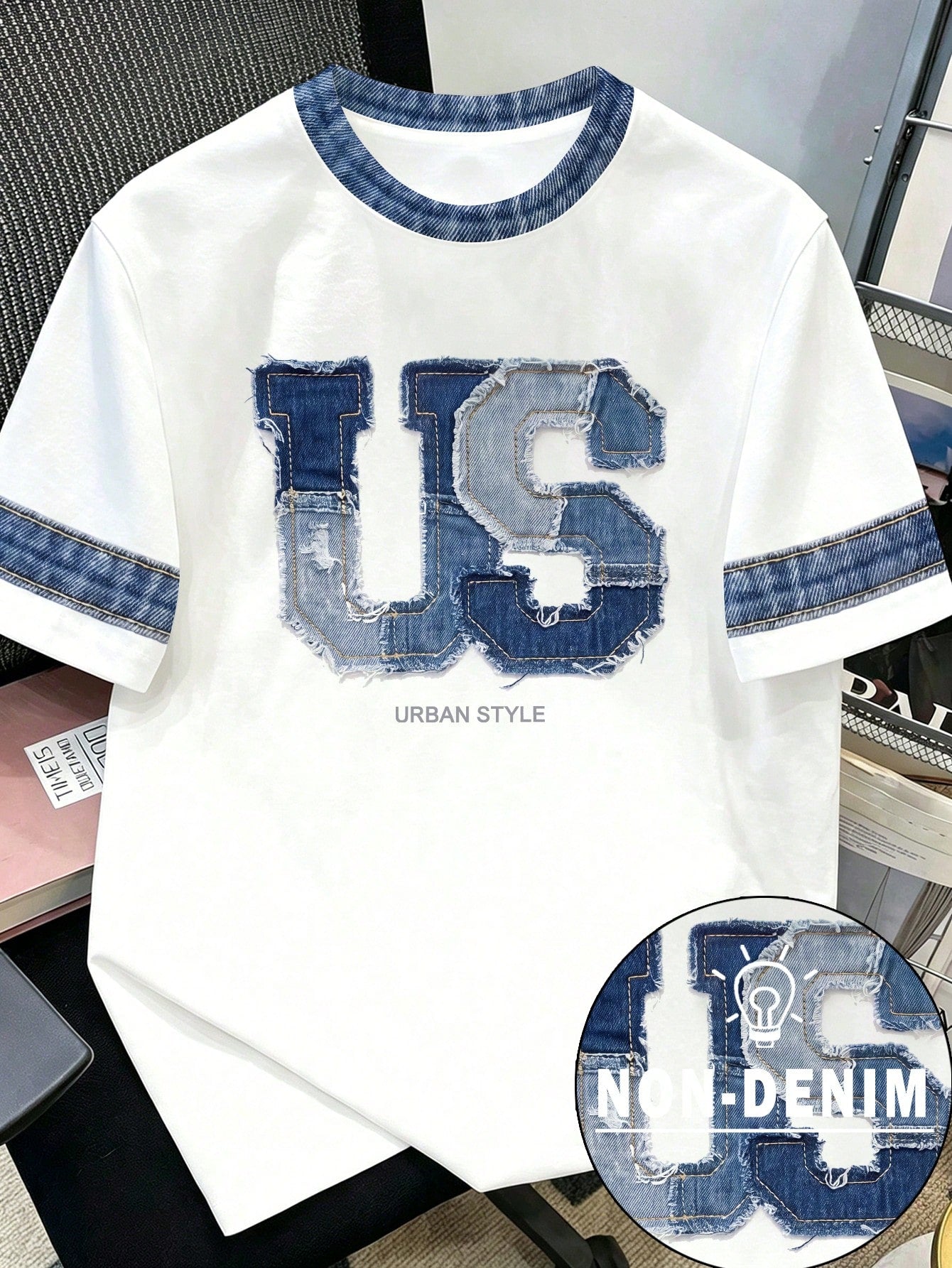 Manfinity Joysei Men's Faux Denim Letter Print Short Sleeve T-Shirt White