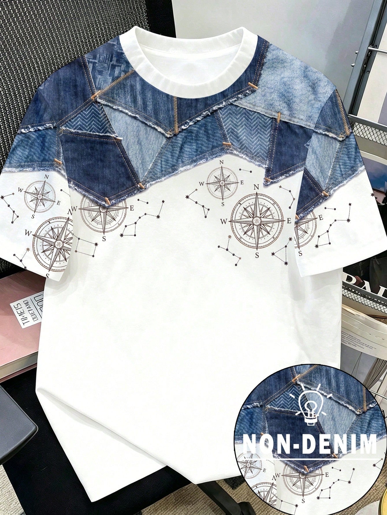 Manfinity Joysei Men's Faux Denim Patchwork Compass Print T-Shirt Blue