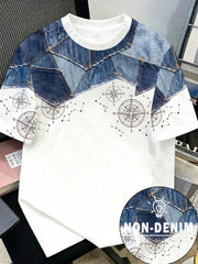 Manfinity Joysei Men's Faux Denim Patchwork Compass Print T-Shirt Blue