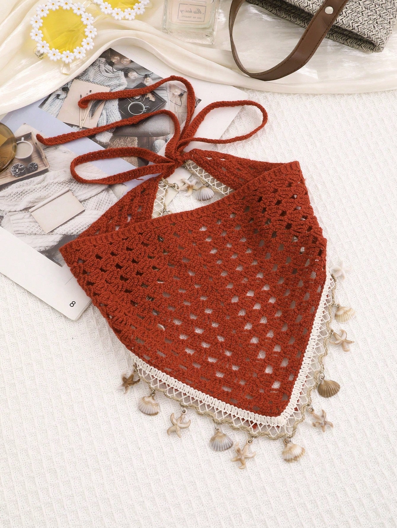 Women's Starfish Shell Decor Hollow Knit Triangle Headscarf