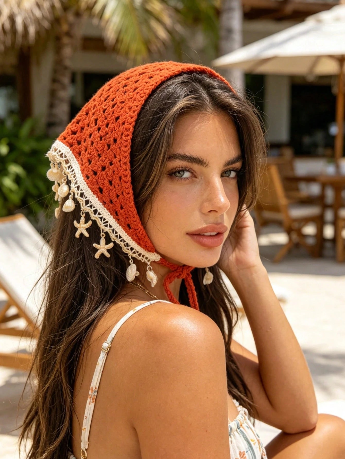 Women's Starfish Shell Decor Hollow Knit Triangle Headscarf