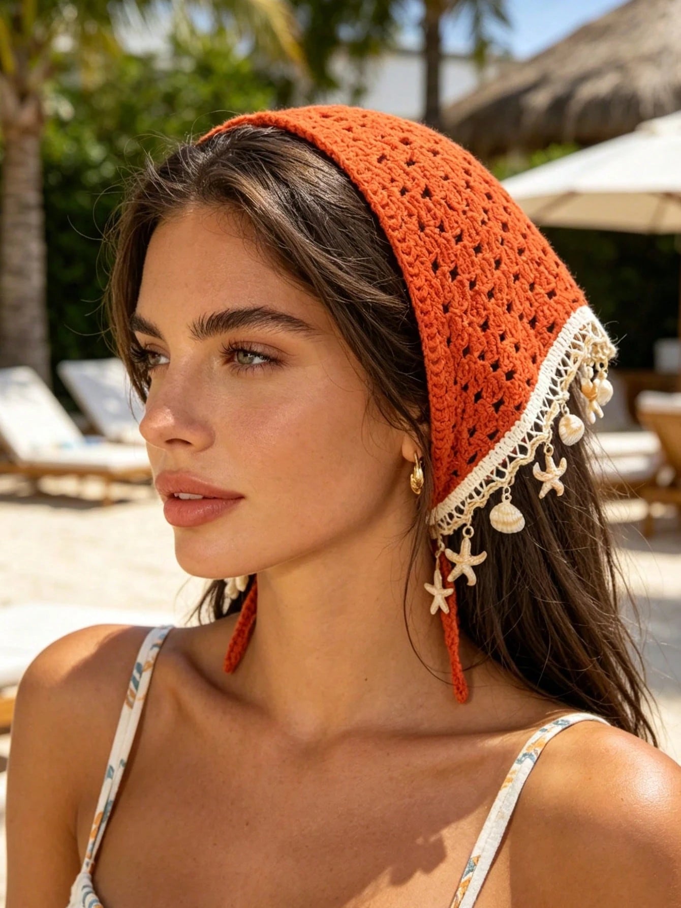 Women's Starfish Shell Decor Hollow Knit Triangle Headscarf