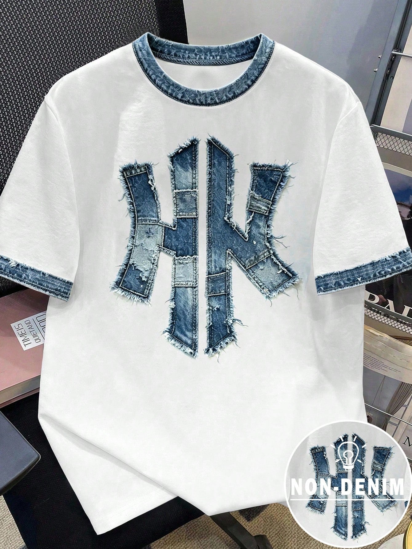 Men's Casual Streetwear Denim Printed Patchwork T-Shirt