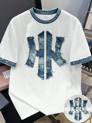 Men's Casual Streetwear Denim Printed Patchwork T-Shirt